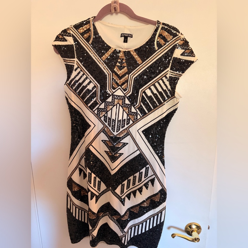 Express Black and Gold Sequin Mini Dress